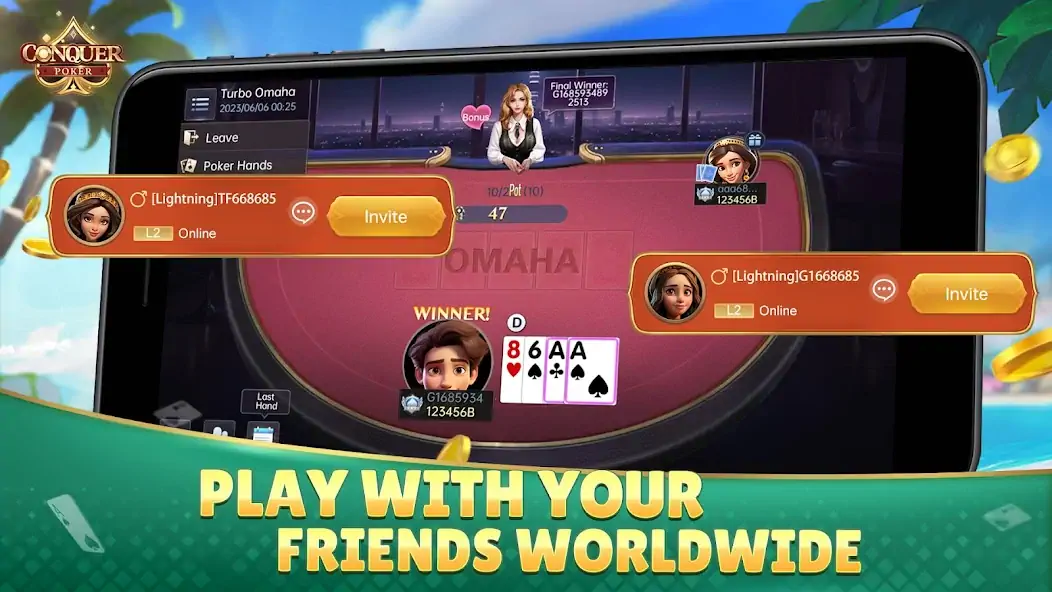 Download Conquer Poker - Texas Hold'em [MOD, Unlimited coins] + Hack [MOD, Menu] for Android